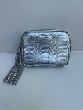 Silver Metallic Reptile-Embossed Clutch with Tassel